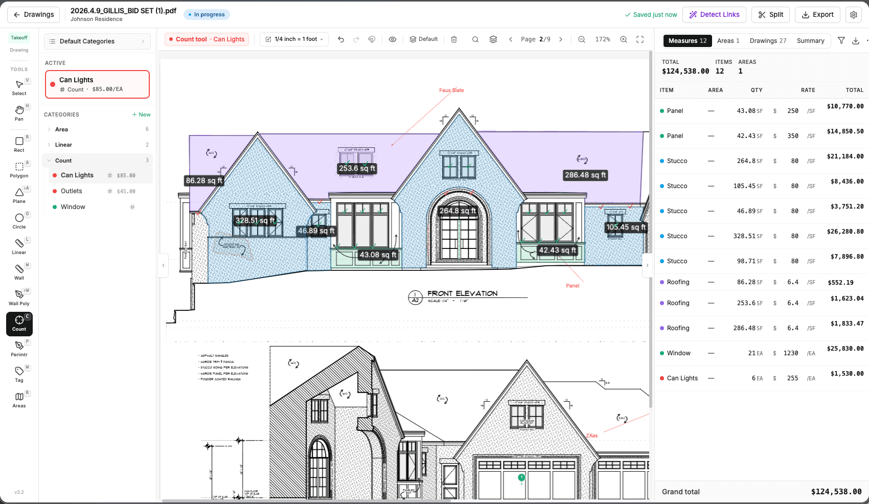 Redliner takeoff view: a front elevation measured with area and count tools, priced categories in the sidebar, and a cost rollup totaling $124,538