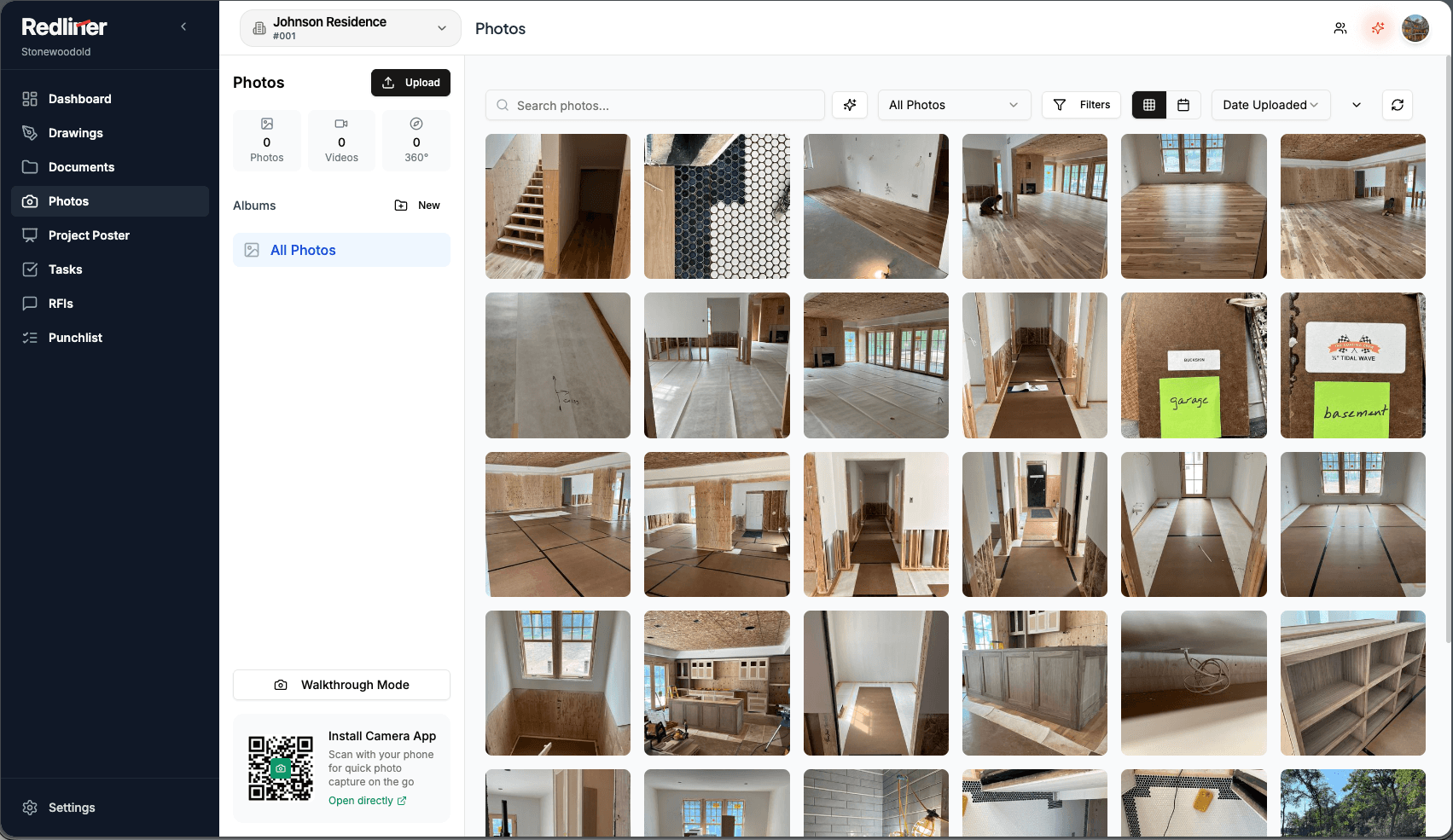 Redliner photos module: a searchable grid of jobsite photos with albums, filters, and walkthrough mode